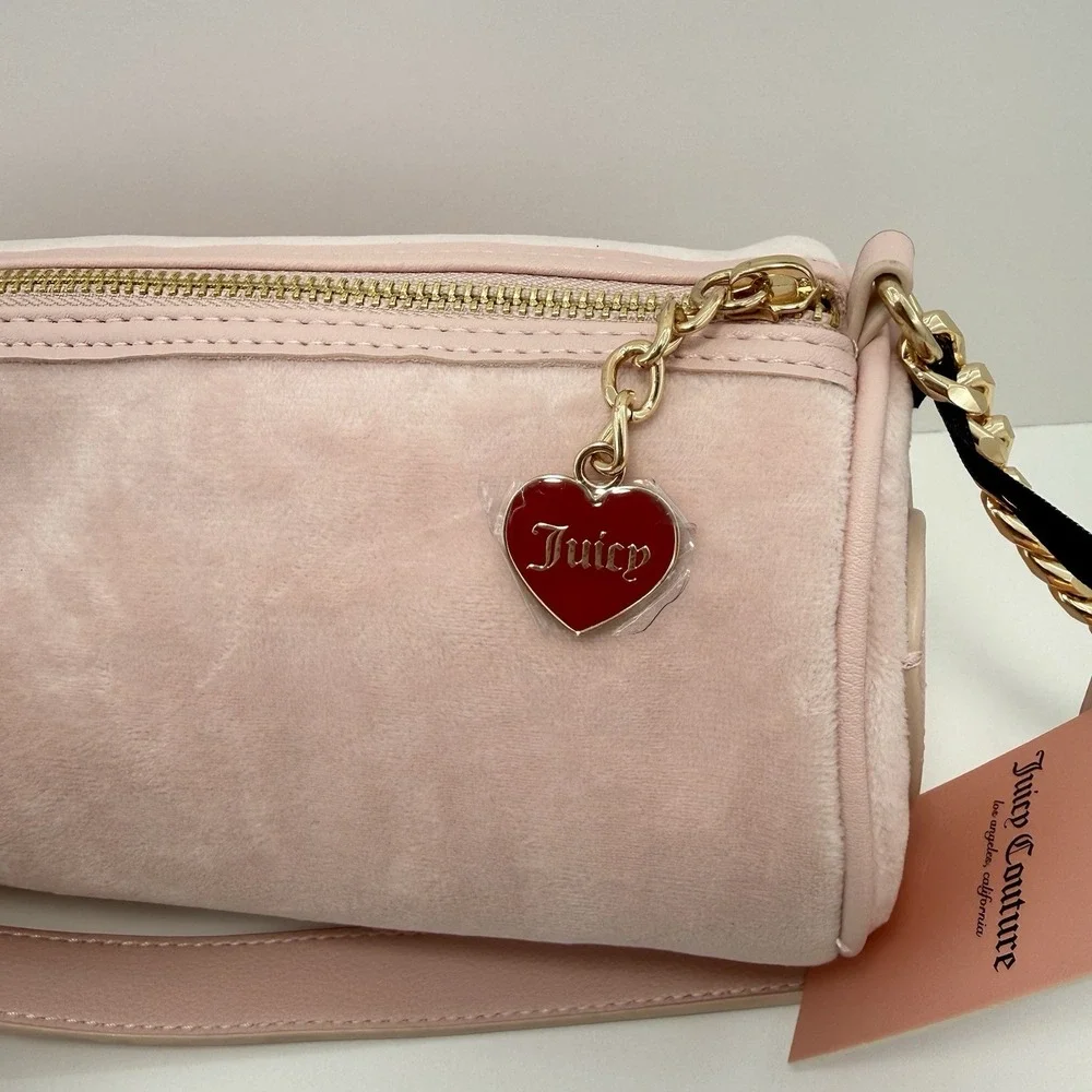 Juicy Couture Pink Embroidered Satchel Top Handle Zip Bag w/Charms, Strap